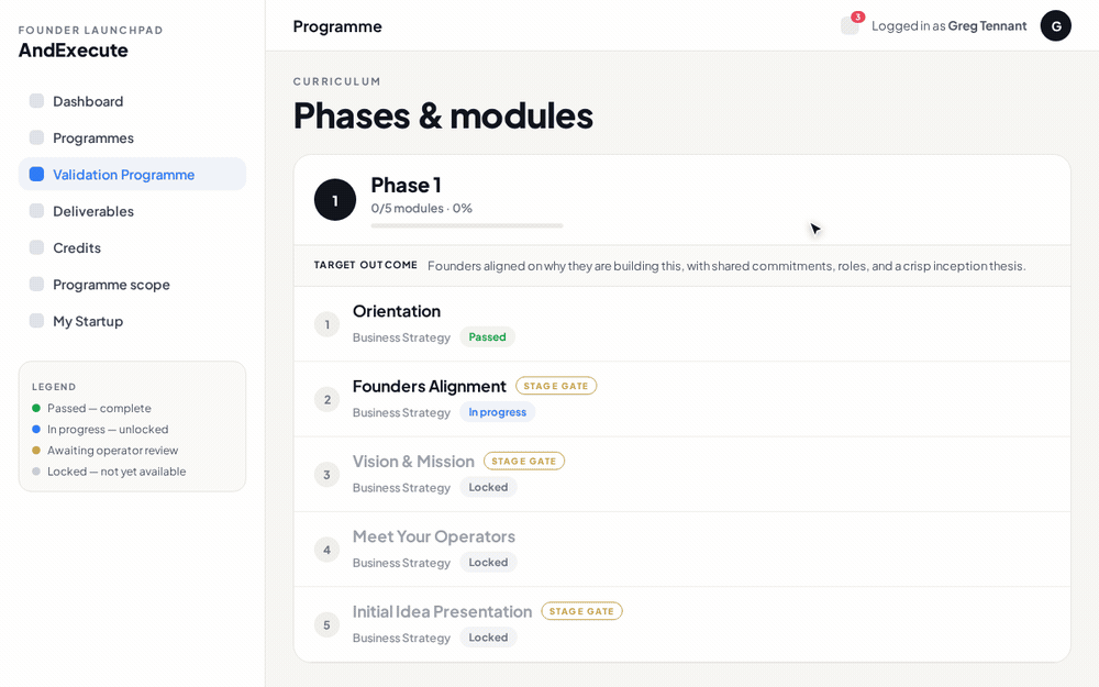 Animated tour of the Founder Launchpad platform: phases and modules with stage gates, then submitting a deliverable for expert review